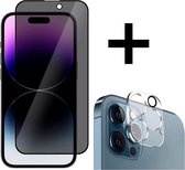 Screenz® - PRIVACY Screenprotector + Camera lens protector geschikt voor iPhone 14 Pro - Tempered glass Screen protector geschikt voor iPhone 14 Pro - Beschermglas - Glasplaatje - 1+1 stuks
