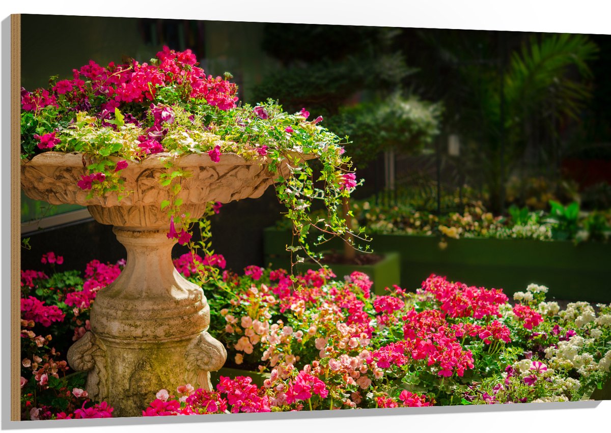 Hout - Felroze Bloemen uit Fontein - 120x80 cm - 9 mm dik - Foto op Hout (Met Ophangsystee