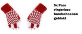5x Paar Handschoenen vingerloze rood/wit geblokt - Carnaval Brabant thema feest festival fun winterfeest