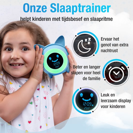 Kinderwekker met Leerzaam Display – Slaaptrainer Kinderen – Slaapwekker Kinderen - 5 Muziekjes - Dimbaar - Blauw - LONQ®
