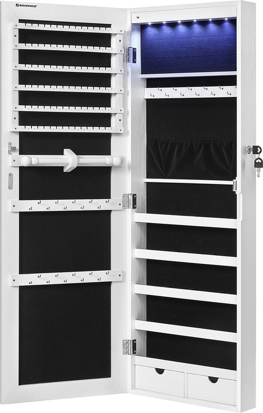 Armoire à bijoux suspendue - Armoire à miroir - Avec miroir - Avec éclairage intérieur LED - Wit -