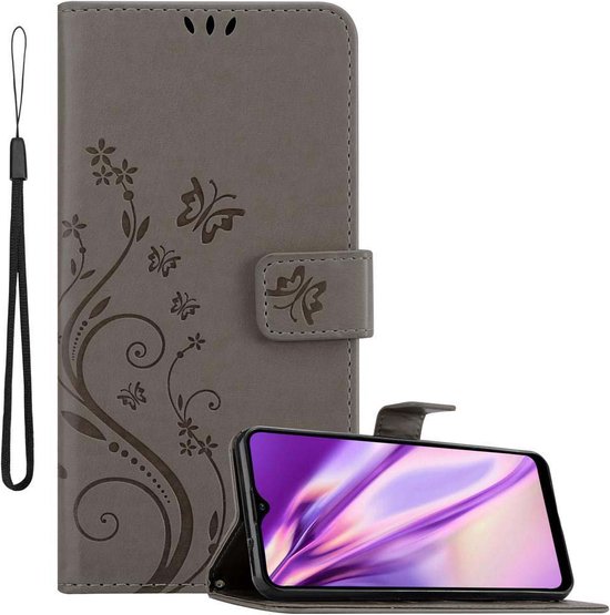 Cadorabo Hoesje geschikt voor Samsung Galaxy A20s in BLOEMEN GRIJS - Beschermhoes in bloemmotief met magnetische sluiting, standfunctie en kaartsleuven Book Case Cover Etui