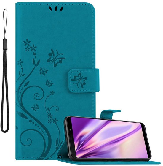 Étui de téléphone bleu à motif floral, fermeture magnétique et dragonne.