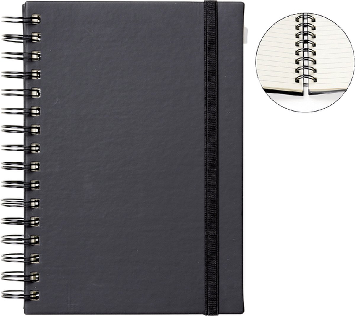 Notitieboek A5 zwart met spiraal, elastiek en tabs