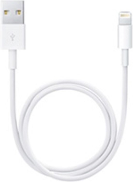 Een witte USB naar Lightning-kabel, plat neergelegd in een lus.