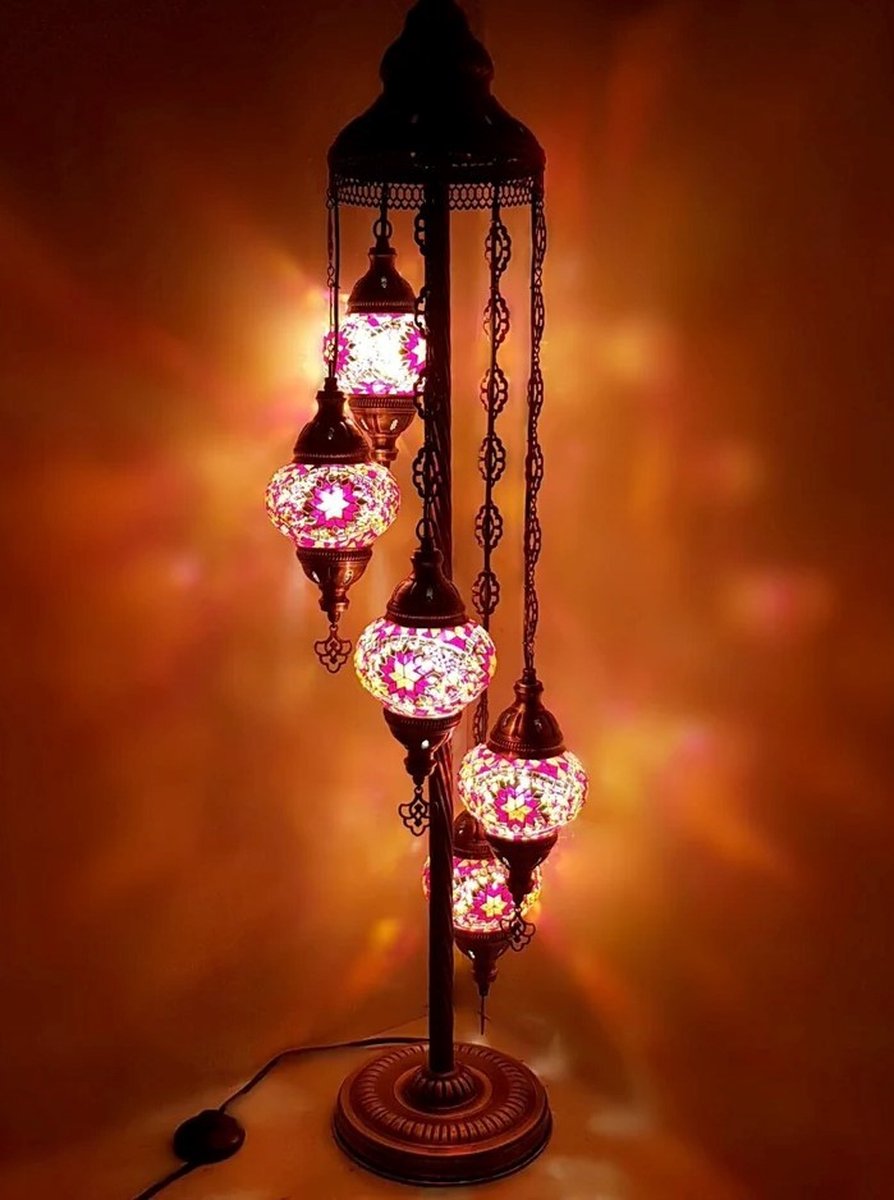 Turkse Lamp - Vloerlamp - Mozaïek Lamp - Marokkaanse Lamp - Oosters Lamp - ZENIQUE - Authentiek - Handgemaakt - Rood - 5 bollen