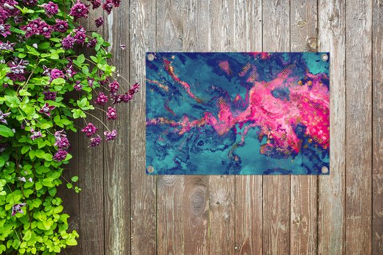 Tuinposter 60x40 cm - Tuindecoratie Marmer - Verf - Roze - Blauw - Poster voor in de tuin - Buiten decoratie - Schutting tuinschilderij - Tuindoek muurdecoratie - Wanddecoratie balkondoek
