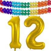 Folie ballonnen - Leeftijd cijfer 12 - goud - 86 cm - en 2x slingers
