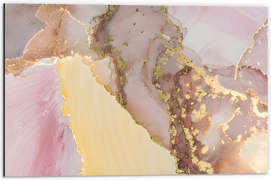 Dibond - Print van Roze met Goudkleurig Marmer - 60x40 cm Foto op Aluminium (Wanddecoratie van metaal)