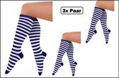 3x Paar lange sokken blauw wit streepjes mt. 36-42 - Themafeest party carnaval festival thema feest