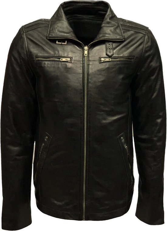 Blouson homme en cuir noir avec col amovible - 100% cuir véritable - Albert - 3XL
