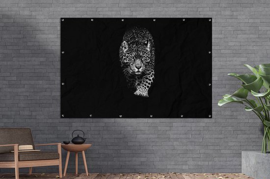 Décoration murale Animaux - Zwart - Léopard - Wit - Sauvage - 180x120 cm - Poster jardin - Toile jardin - Poster extérieur