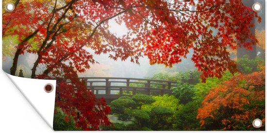 Schuttingposter Japanse esdoorn - Bomen - Brug - Natuur - Japans - 200x100 cm - Tuindoek