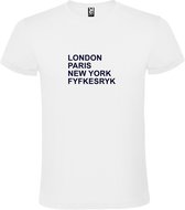wit T-Shirt met London,Paris, New York ,Fyfkesryk tekst Zwart Size XXXXL
