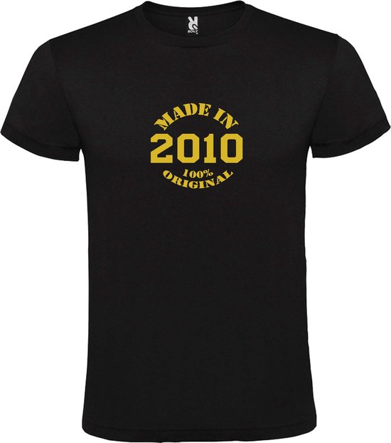 Zwart T-Shirt met “Made in 2010 / 100% Original “ Afbeelding Goud Size S