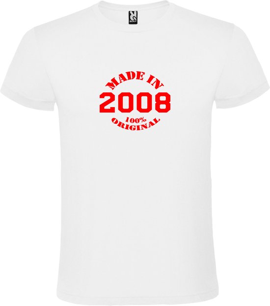 Wit T-Shirt met “Made in 2008 / 100% Original “ Afbeelding Rood Size XXXL