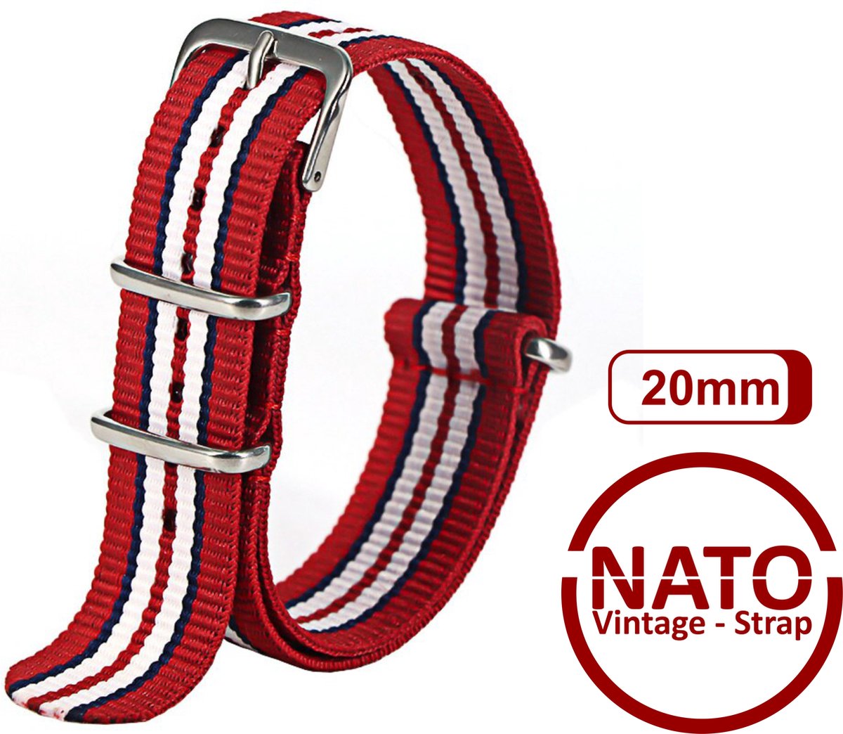 20mm Premium Nato Strap Rood Wit - Vintage James Bond - Nato Strap collectie - Mannen - Vrouwen - Horlogeband - 20 mm bandbreedte voor oa. Seiko Rolex Omega Casio en Citizen