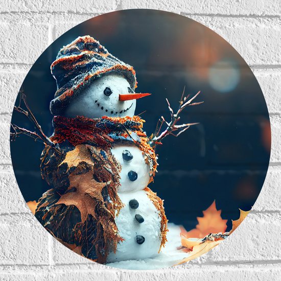 Muursticker Cirkel - Sneeuwpop met Takken Armen tussen de Herfstbladeren - 40x40 cm Foto op Muursticker