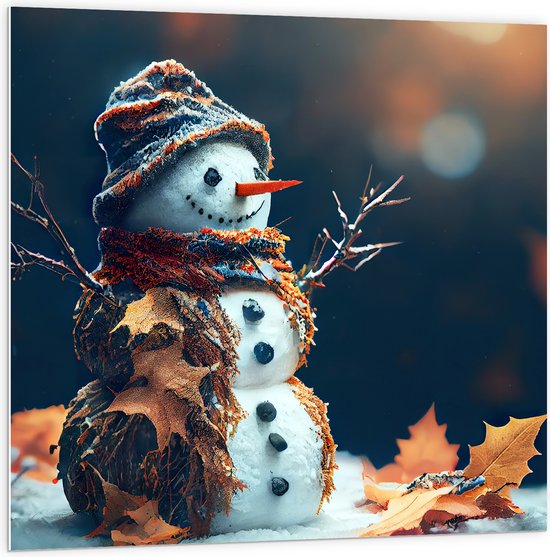 PVC Schuimplaat- Sneeuwpop met Takken Armen tussen de Herfstbladeren - 100x100 cm Foto op PVC Schuimplaat