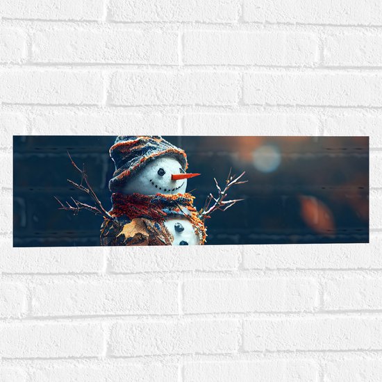 Muursticker - Sneeuwpop met Takken Armen tussen de Herfstbladeren - 60x20 cm Foto op Muursticker