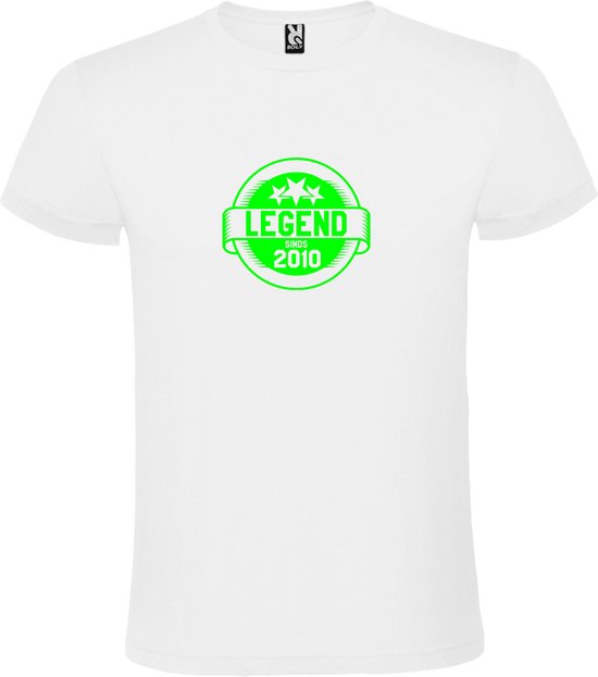 Wit T-Shirt met “Legend sinds 2010 “ Afbeelding Neon Groen Size XS