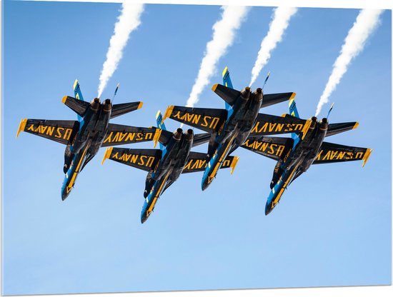 WallClassics - Acrylglas - Zwart Gele Vliegtuigen op een Rij - 100x75 cm Foto op Acrylglas (Met Ophangsysteem)
