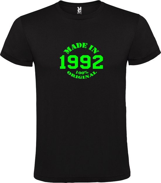Zwart T-Shirt met “Made in 1992 / 100% Original “ Afbeelding Neon Groen Size XS