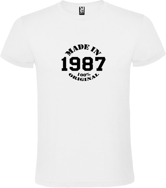 Wit T-Shirt met “Made in 1987 / 100% Original “ Afbeelding Zwart Size XXL