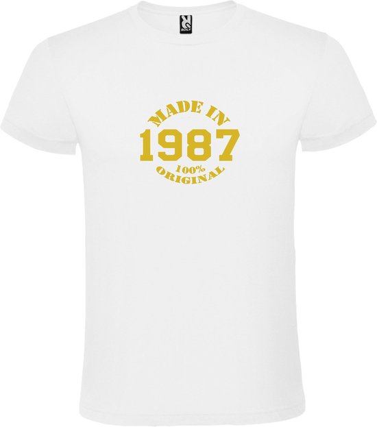 Wit T-Shirt met “Made in 1987 / 100% Original “ Afbeelding Goud Size XS