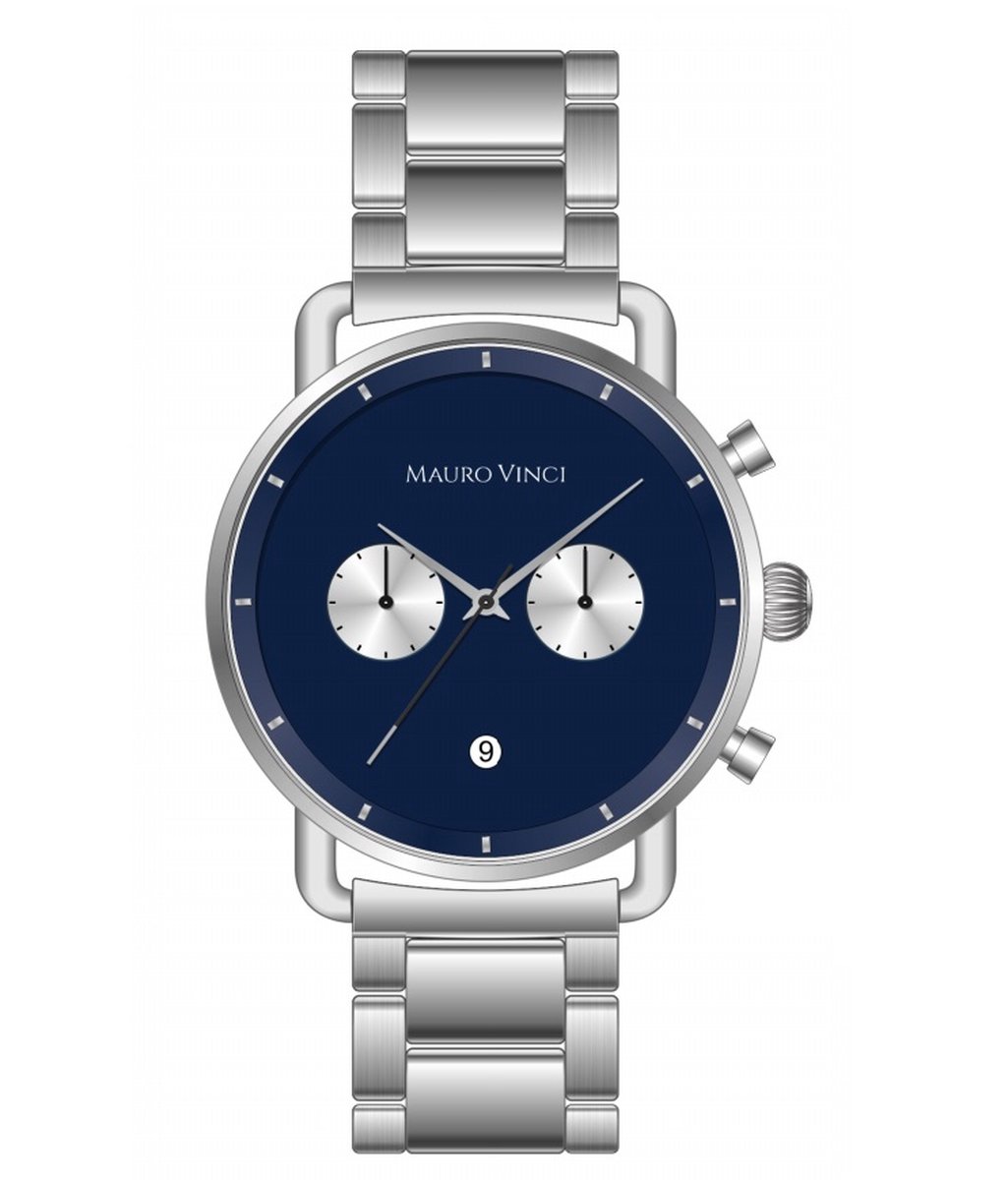 Heren horloge Mauro Vinci zilver-blauw met lederen bewaardoos - Leisure line 420 stalen horloge met Japans binnenwerk