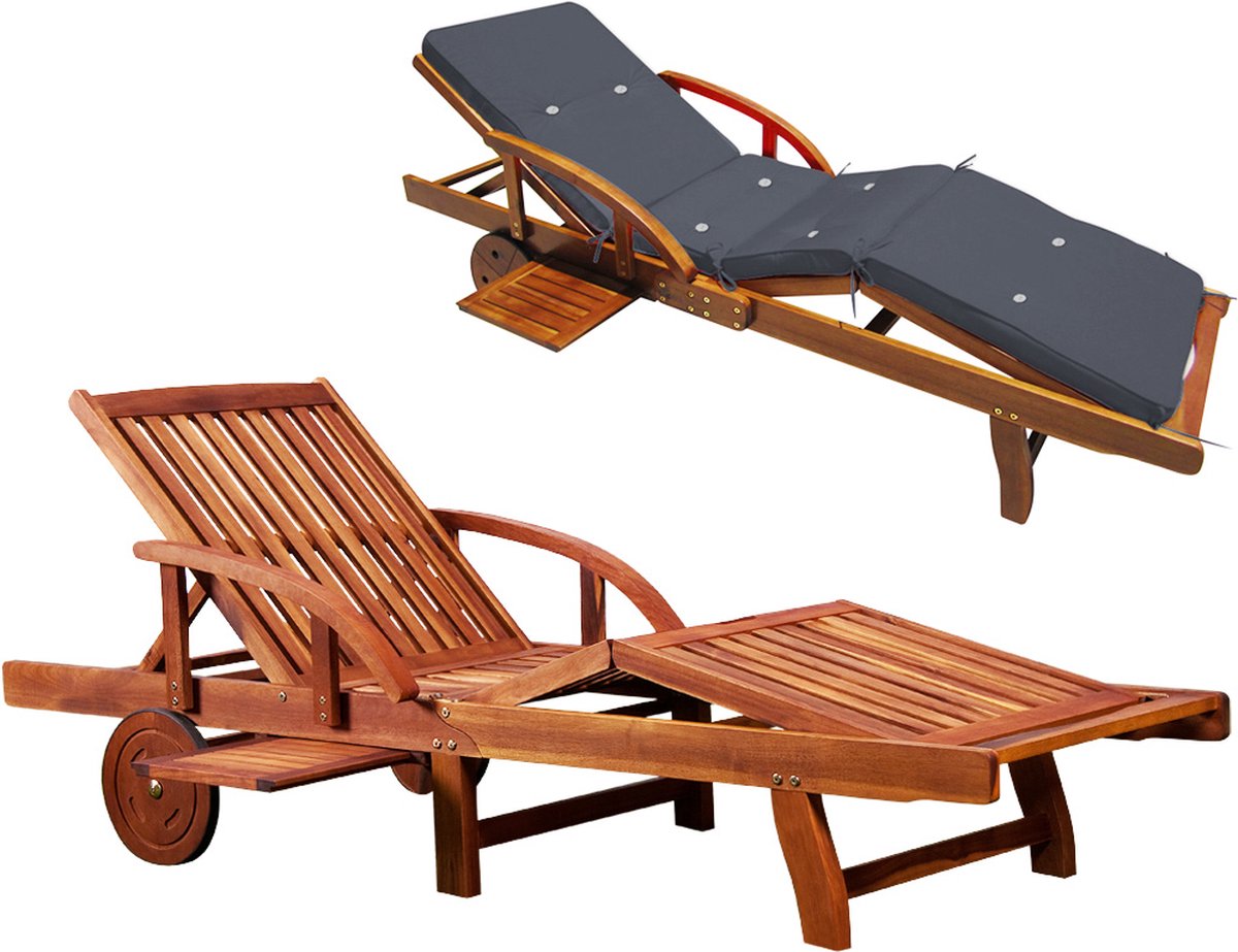 Bol.com Casaria Ligstoel Tami Sun – Acacia incl. Kussen & Wielen – Antraciet aanbieding
