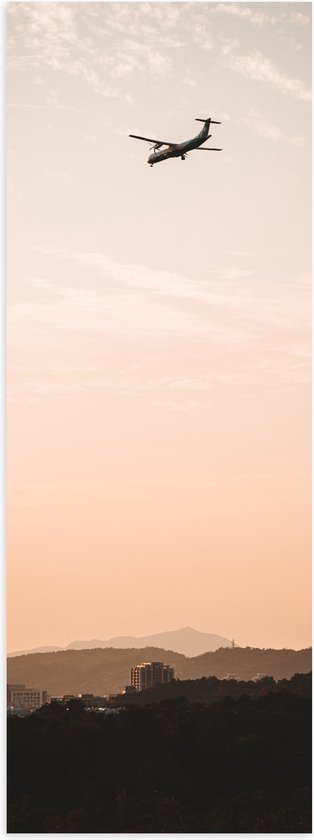 WallClassics - Poster Glanzend – Vliegtuig boven de Stad - 20x60 cm Foto op Posterpapier met Glanzende Afwerking