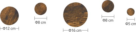 Vijf ronde wandhaken in verschillende maten: 12 cm, 8 cm, 16 cm, 8 cm, 5 cm.