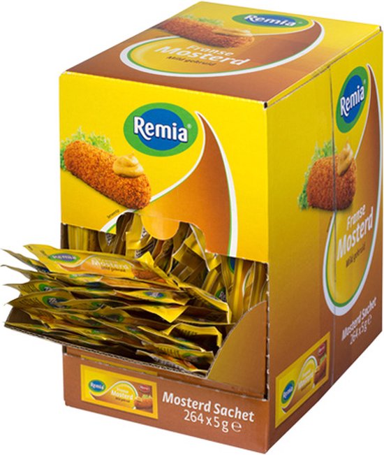 Display met Remia Franse Mosterd sachets. De display toont krokante snacks met mosterd.