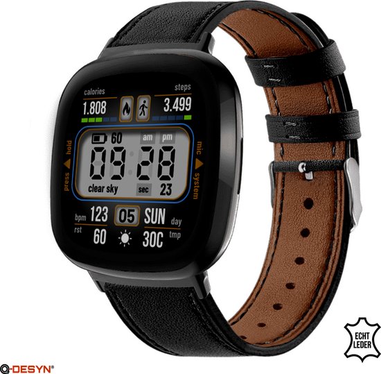 Q-DESYN Fitbit Versa 3 - Fitbit Sense bandje - Leer - Zwart