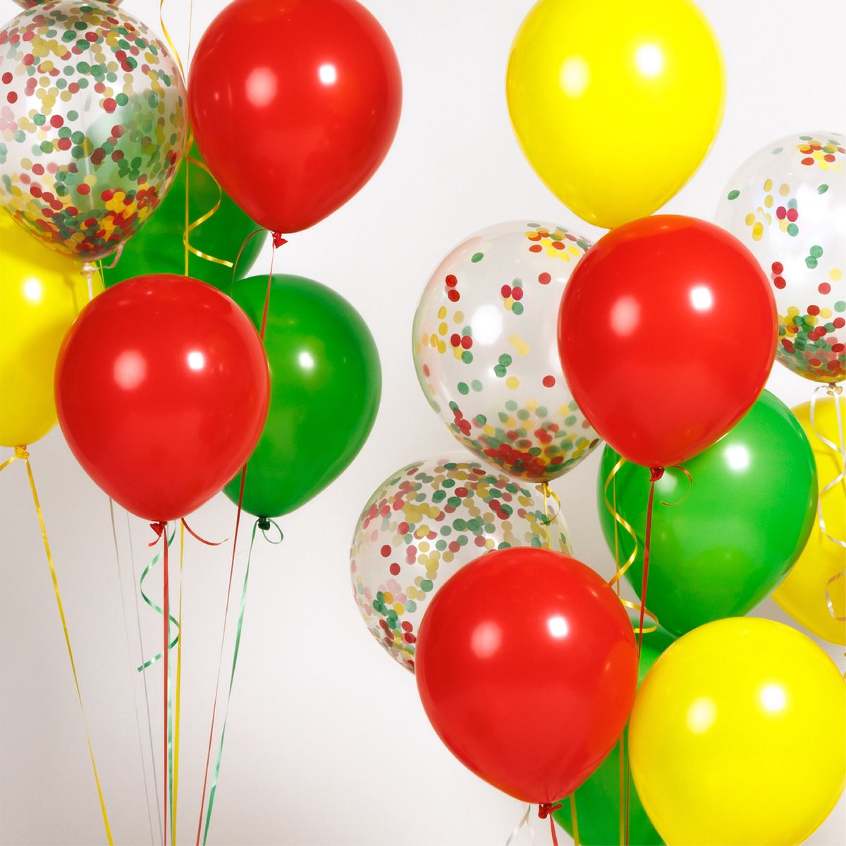 Fissaly 40 Stuks Rood, Geel & Groen Carnaval Helium Ballonnen met Lint – Versiering Decoratie – Papieren Confetti - Latex — afbeelding 5