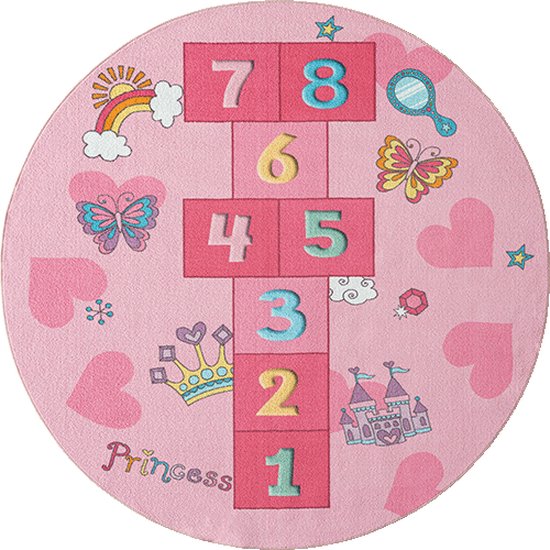 the carpet Happy Life Kinderkamer, Kinderdeken, Speelkleed, Wasbaar, Cijferkleed, Springkussen, Cijfers, Roze, 160 cm rond