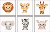 Kinderkamer Posters - Safari Dieren - 6 stuks - 40x40 cm - Baby Giraffe, Leeuw, Luipaard, Olifant, Zebra en Neushoorn - Kinderposter - Babykamer - Babyshower Cadeau - Wanddecoratie - Muurdecoratie