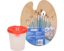 Set van 12x stuks schilder penselen met houten palet - Inclusief niet-knoeien water schoonmaak potje