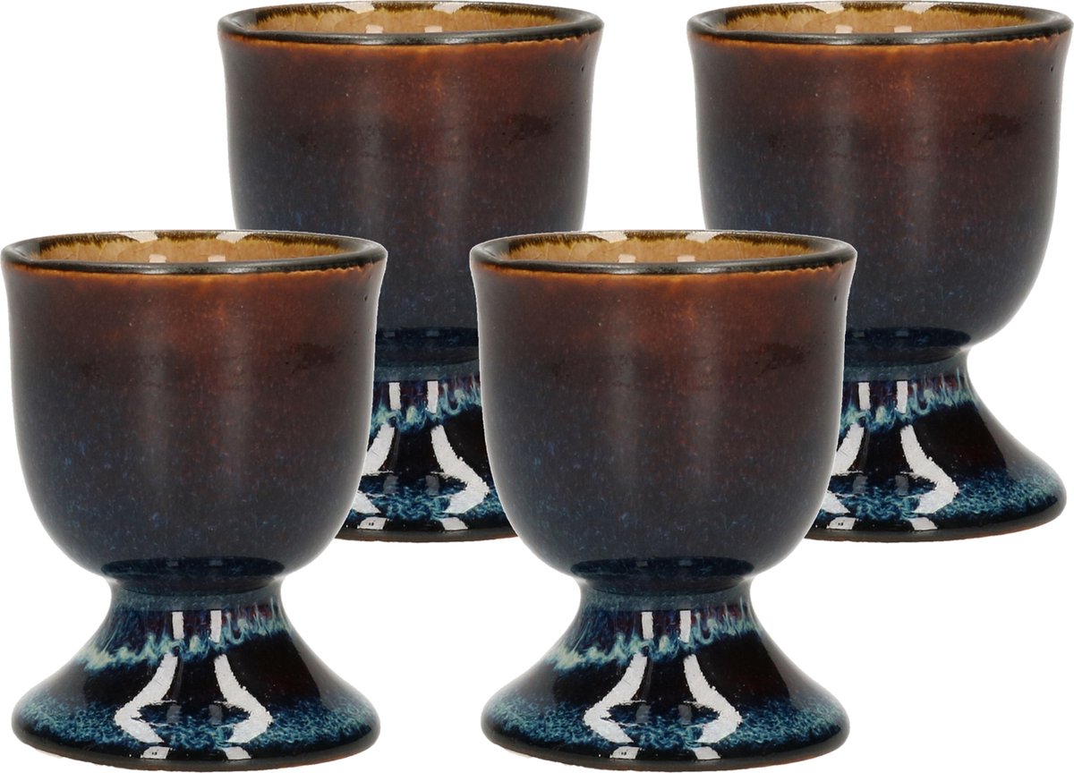 Cosy & Trendy Eierdopje - 6x stuks - porselein - blauw/bruin - 5 cm - eierdopjes