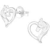 Joy|S - Zilveren paard hartje oorbellen - 7 x 8 mm - massief hartje oorknoppen met paardenhoofd