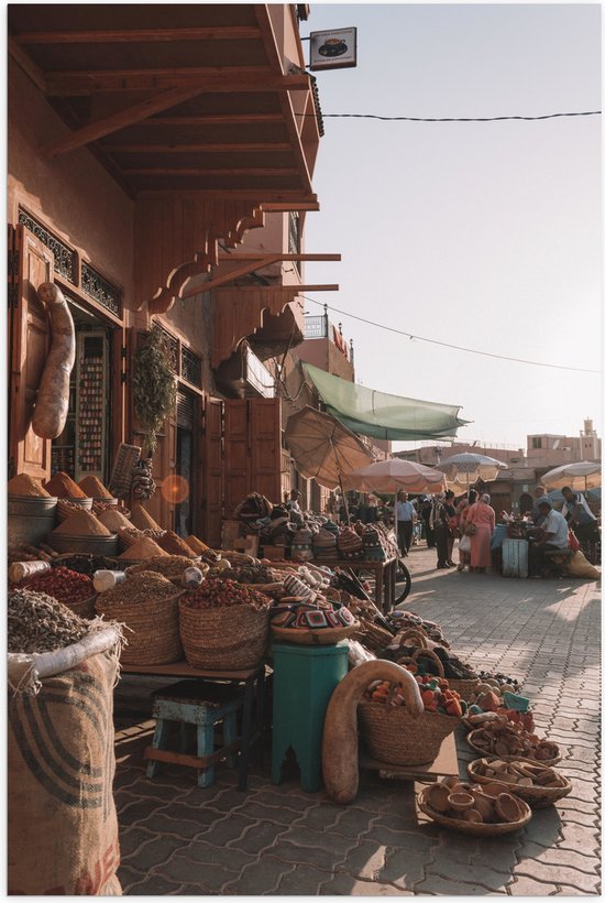 WallClassics - Poster Glanzend – Markt in Marrakesh - Marokko - 70x105 cm Foto op Posterpapier met Glanzende Afwerking