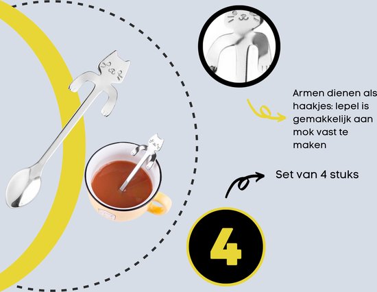 Zilverkleurige lepel met hangend kattenfiguur, die dienst doet als haakje voor mokken.