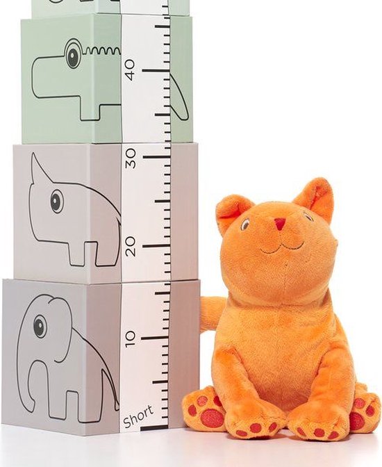 Oranje knuffelkat zit naast een stapel meetblokken met dieren en centimeters.