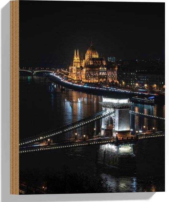 WallClassics - Hout - Kettingbrug in Hongarije - 30x40 cm - 9 mm dik - Foto op Hout (Met Ophangsysteem)