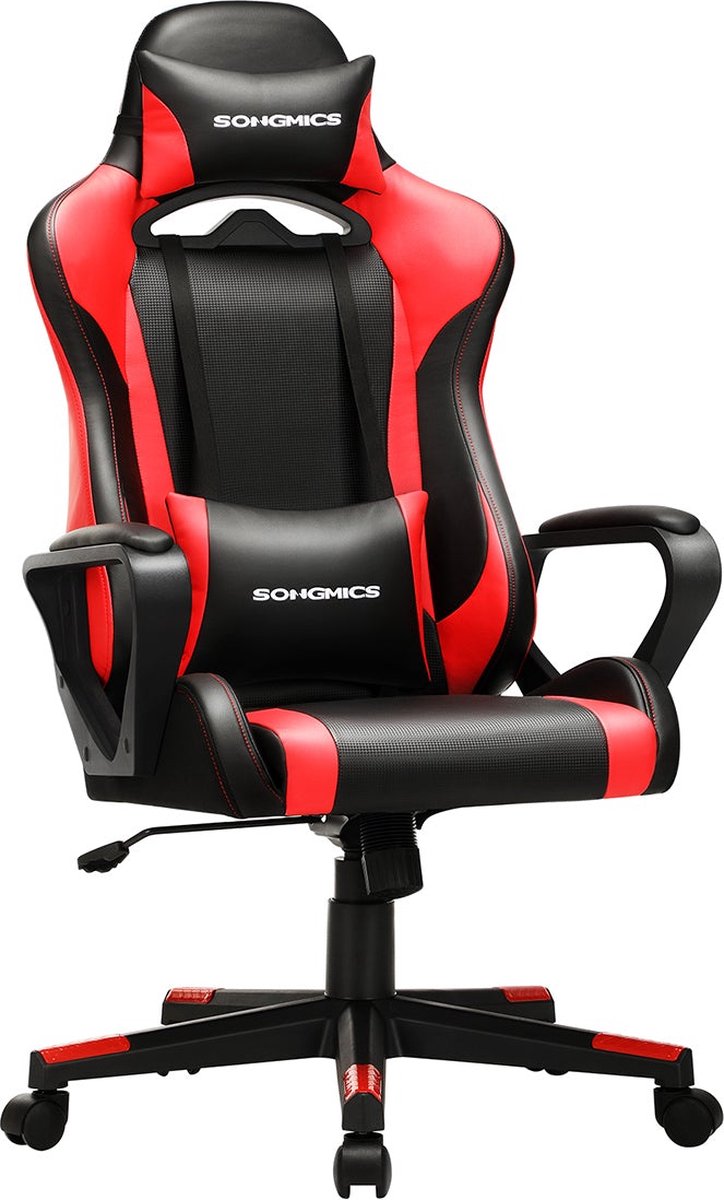 Gamestoel - Computerstoel - Bureaustoel - Verstelbare armleuningen - Met rugkussen - Rood zwart