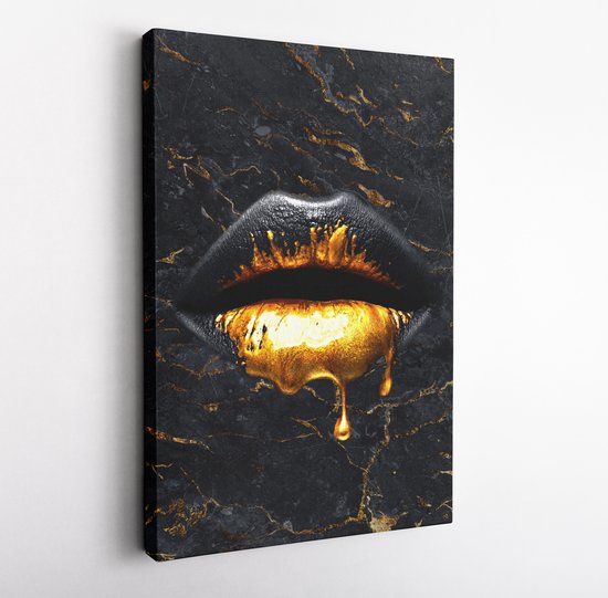 Artevue - Schilderij - Gouden Lippen - Kunst op Canvas - Top Kwaliteit - 60 x 90 cm