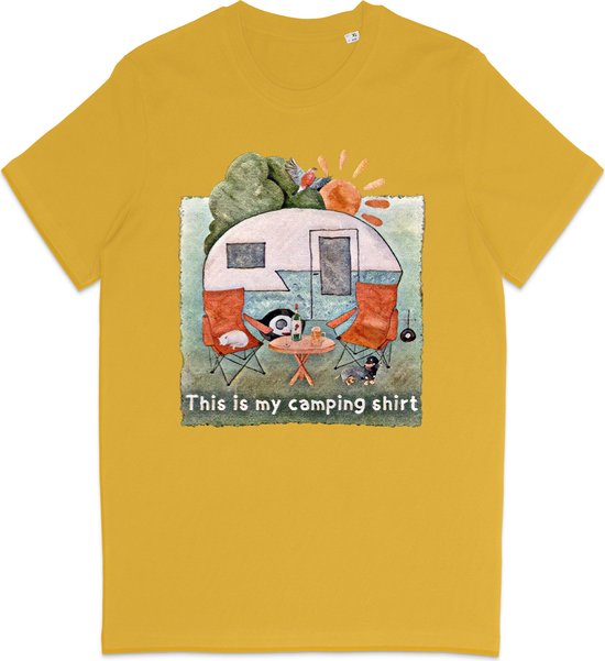 Heren en Dames T Shirt - Camping Kampeer Tafereel - Geel M