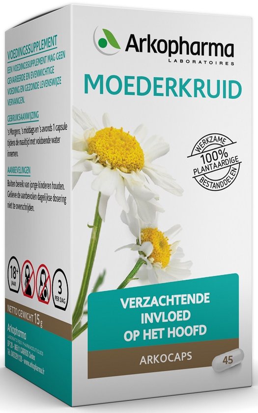 Doosje Arkopharma Moederkruid met afbeelding van bloemen. Tekst: 'VERZACHTENDE INVLOED OP HET HOOFD'. 45 capsules.