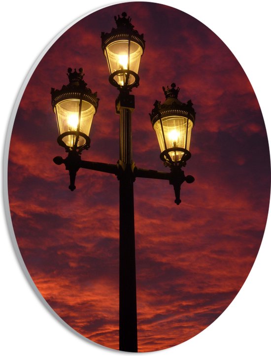 WallClassics - PVC Schuimplaat Ovaal - Lantaarnpaal met Roze lucht - 21x28 cm Foto op Ovaal (Met Ophangsysteem)